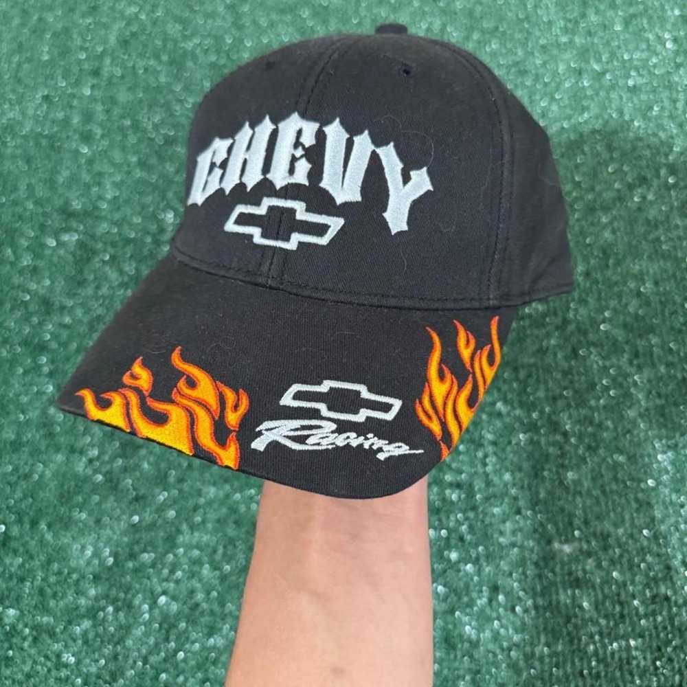Vintage Chevy Racing Flame Hat Black Ralph White Chevrolet Racing Cap Mens OSFA